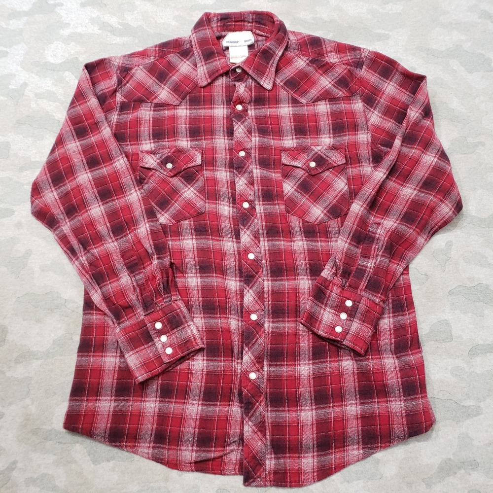 Wrangler Wrancher Shirt Men Large Red Plaid Western Pearl Snap Long Sleeve Rodeo